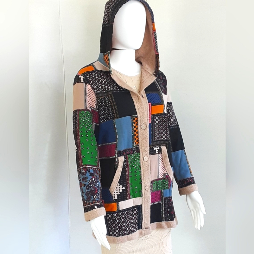 E-Retro Multicolored Patchwork Fleece Lined Hooded Jacket Sz M - Vtg